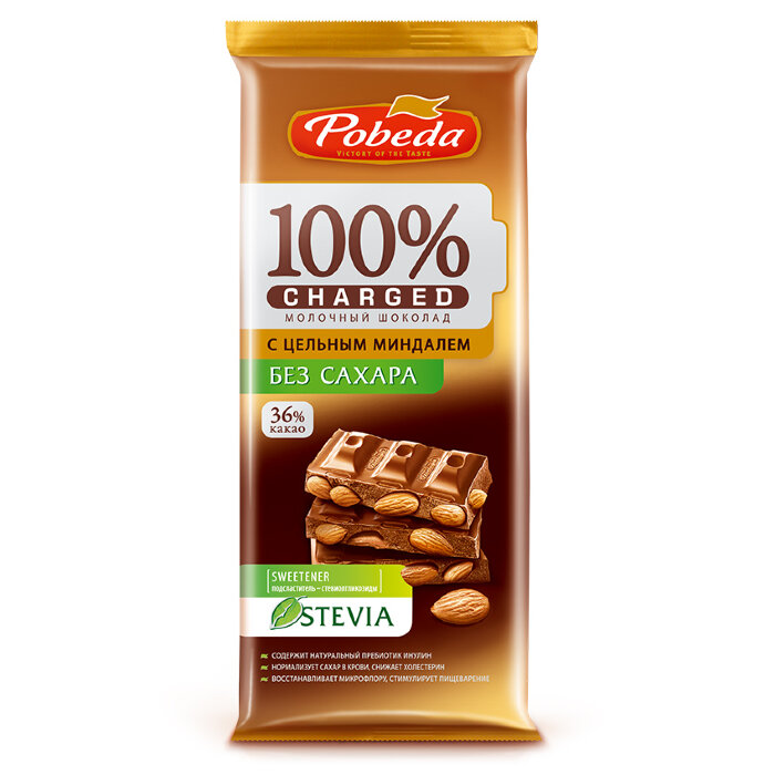 Шоколад молочный "Миндаль" Победа вкуса Чаржед без добавление сахара 36% какао